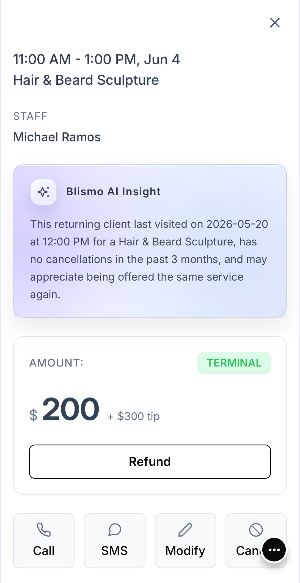 Returning client appointment — $200 + $300 tip
