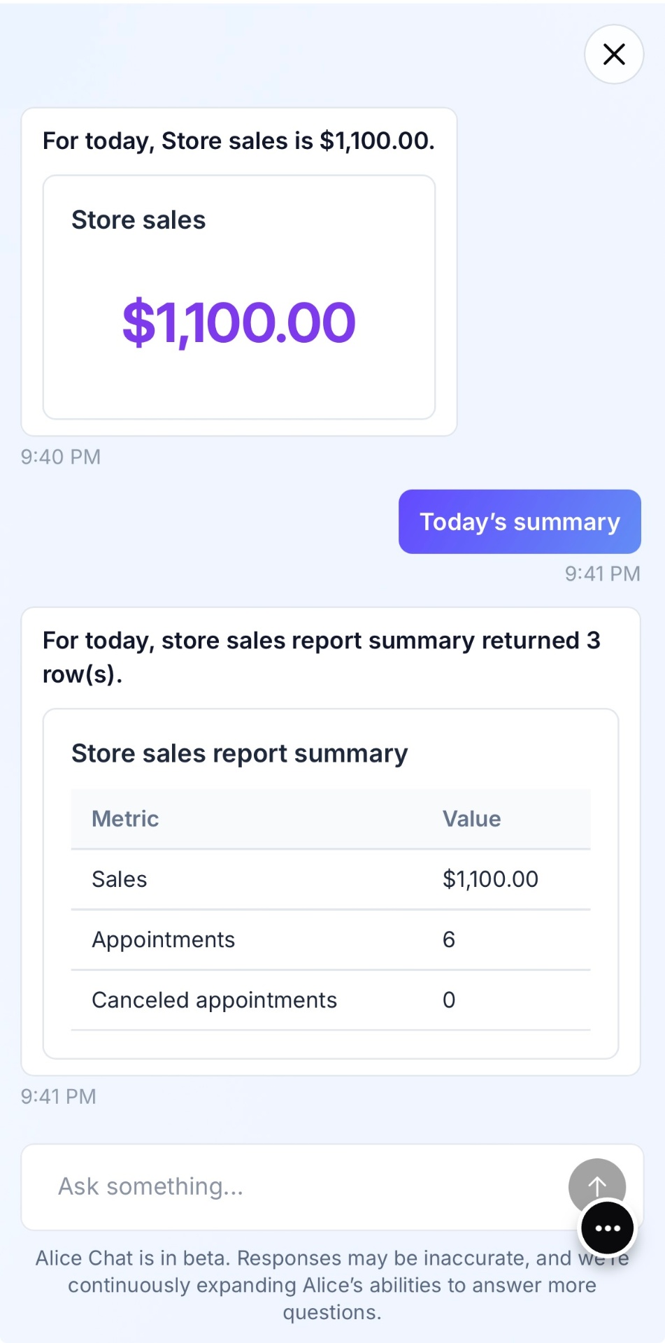 Store sales summary for the day at $1,100
