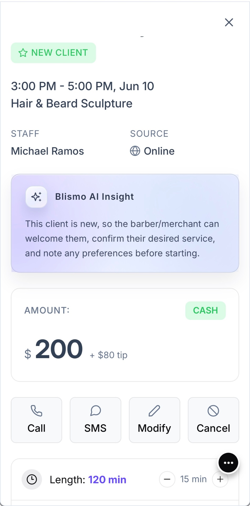 New client booking — Hair & Beard Sculpture, $200 + $80 tip